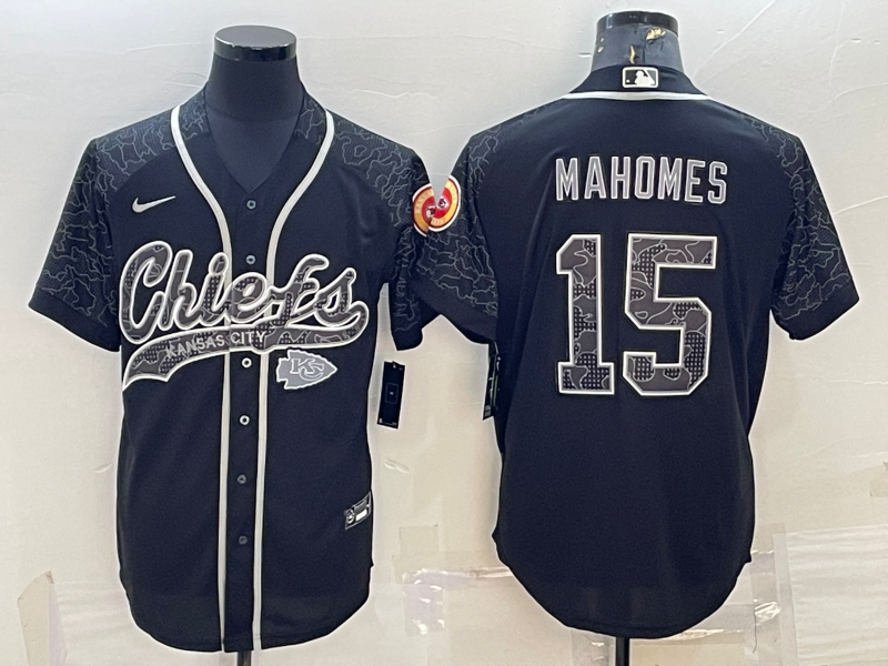 Kansas City Chiefs #15 Patrick Mahomes Black Reflective With Patch Cool Base Stitched Baseball Jerse