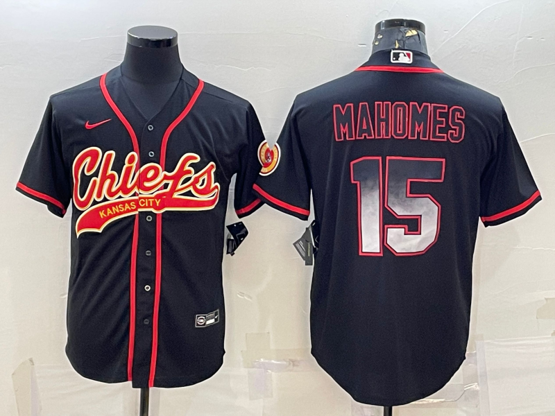 Kansas City Chiefs #15 Patrick Mahomes Black Gold With Patch Smoke Cool Base Stitched Baseball Jerse