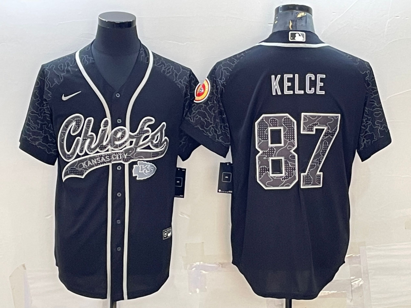 Kansas City Chiefs #87 Travis Kelce Black Reflective With Patch Cool Base Stitched Baseball Jersey