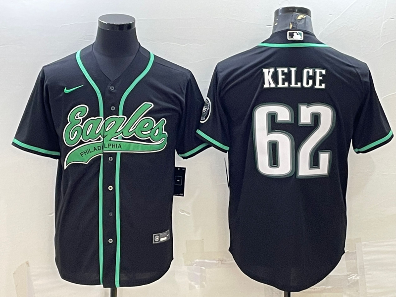 Philadelphia Eagles #62 Jason Kelce Black With Patch Cool Base Stitched Baseball Jersey