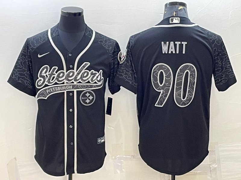 Pittsburgh Steelers #90 TJ Watt Black Reflective With Patch Cool Base Stitched Baseball Jersey