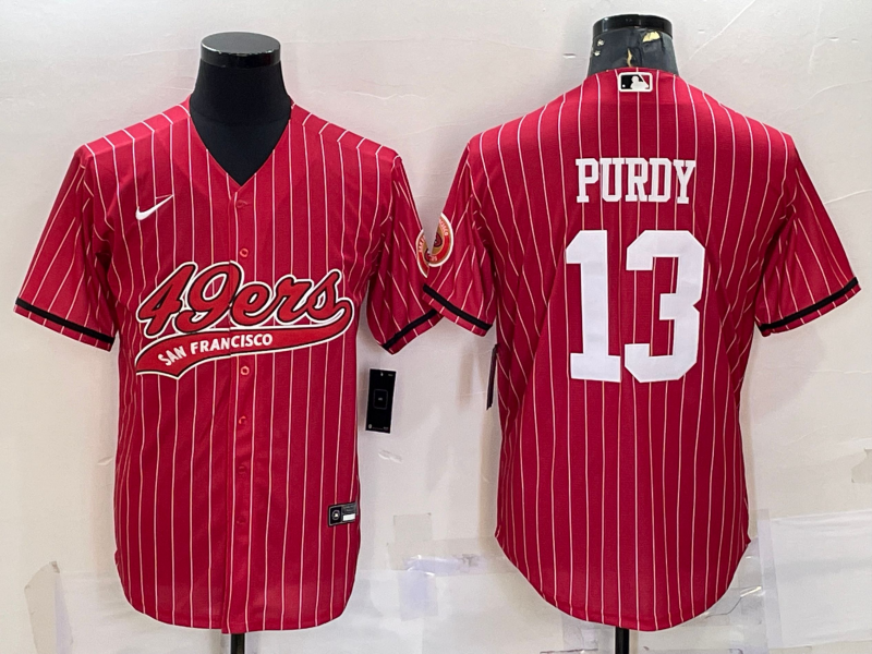 San Francisco 49ers #13 Brock Purdy Red Pinstripe With Patch Cool Base Stitched Baseball Jersey