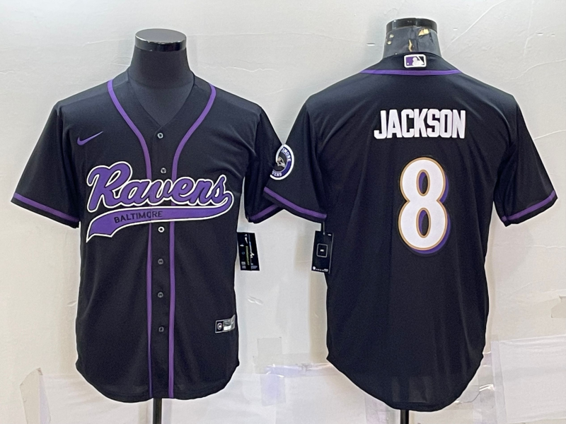 Baltimore Ravens #8 Lamar Jackson Black With Patch Cool Base Stitched Baseball Jersey