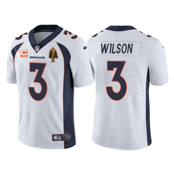 Denver Broncos #3 Russell Wilson White With C Patch & Walter Payton Patch Limited Stitched Jersey