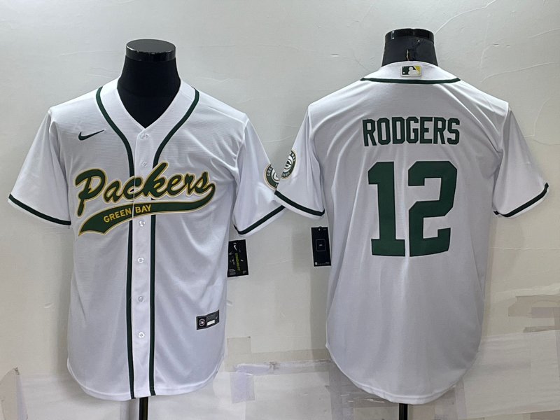 Green Bay Packers #12 Aaron Rodgers White Stitched MLB Cool Base Baseball Jersey
