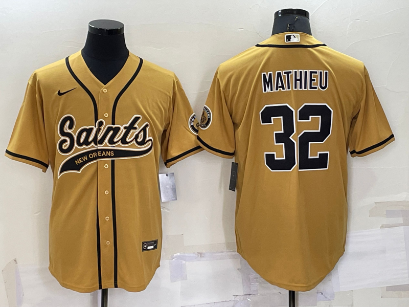 New Orleans Saints #32 Tyrann Mathieu Gold Stitched MLB Cool Base Baseball Jersey
