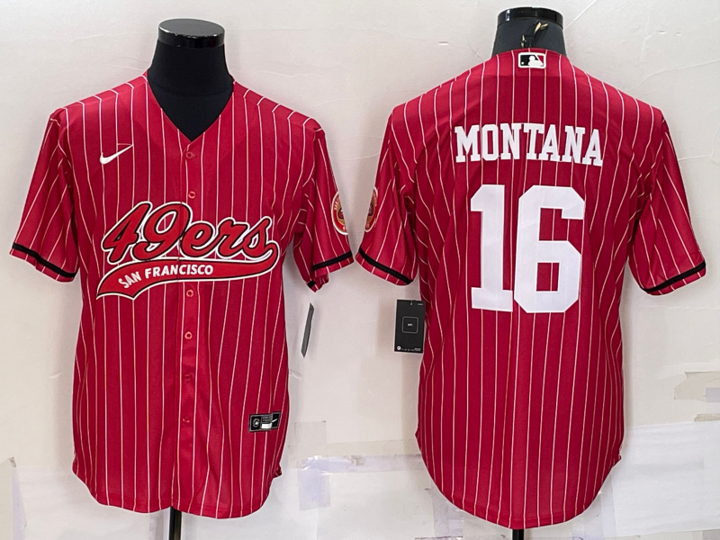 San Francisco 49ers #16 Joe Montana Red Pinstripe With Patch Cool Base Stitched Baseball Jersey