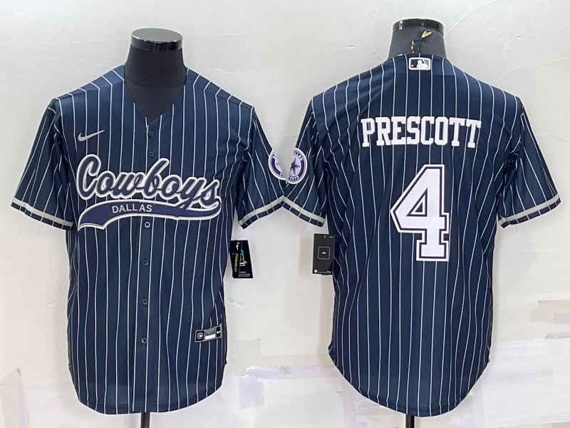 Dallas Cowboys #4 Dak Prescott Navy Blue Pinstripe With Patch Cool Base Stitched Baseball Jersey