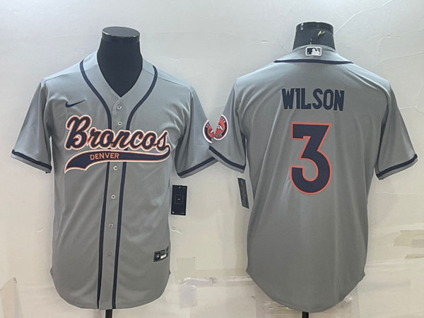 Denver Broncos #3 Russell Wilson Gray With Patch Cool Base Stitched Baseball Jersey