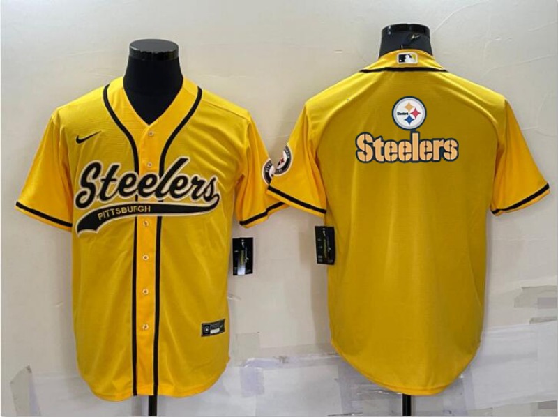 Pittsburgh Steelers Gold Team Big Logo With Patch Cool Base Stitched Baseball Jersey