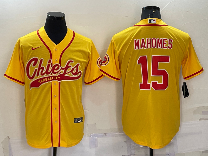 Kansas City Chiefs #15 Patrick Mahomes Gold With Patch Cool Base Stitched Baseball Jersey