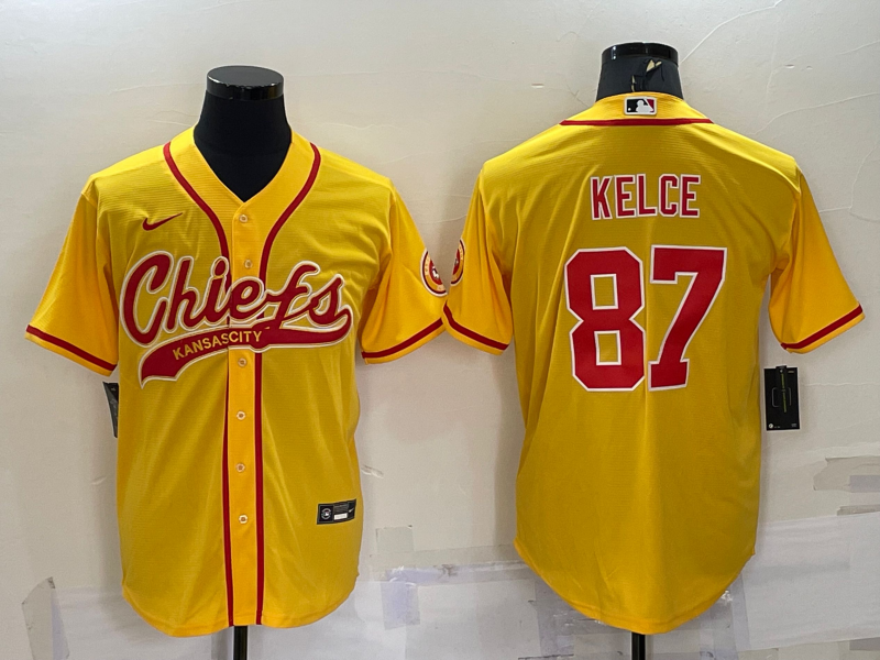 Kansas City Chiefs #87 Travis Kelce Gold With Patch Cool Base Stitched Baseball Jersey