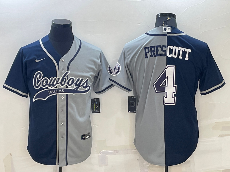 Dallas Cowboys #4 Dak Prescott Navy Blue Grey Two Tone With Patch Cool Base Stitched Baseball Jersey