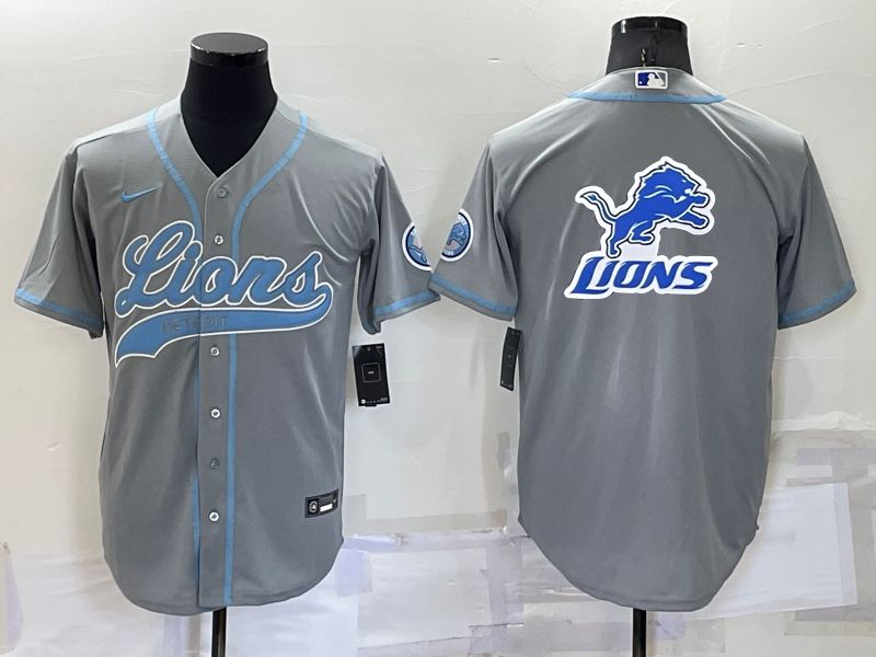 Detroit Lions Grey Team Big Logo With Patch Cool Base Stitched Baseball Jersey