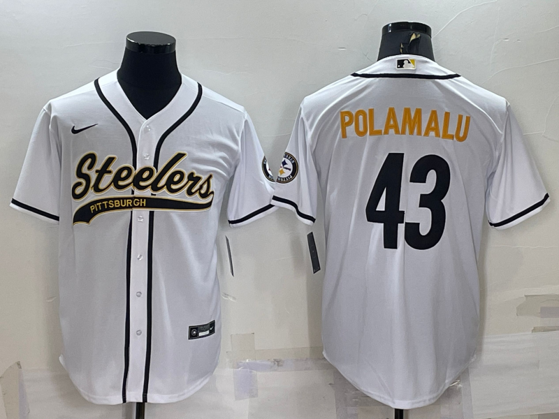 Pittsburgh Steelers #43 Troy Polamalu White With Patch Cool Base Stitched Baseball Jersey