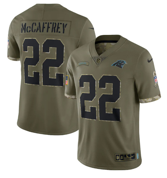 Carolina Panthers #22 Christian McCaffrey 2022 Olive Salute To Service Limited Stitched Jersey