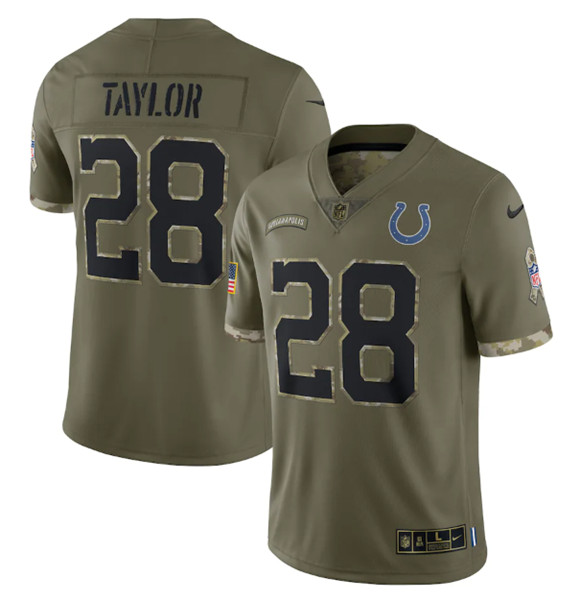 Indianapolis Colts #28 Jonathan Taylor 2022 Olive Salute To Service Limited Stitched Jersey