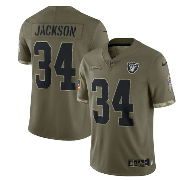 Las Vegas Raiders #34 Bo Jackson 2022 Olive Salute To Service Limited Stitched Jersey