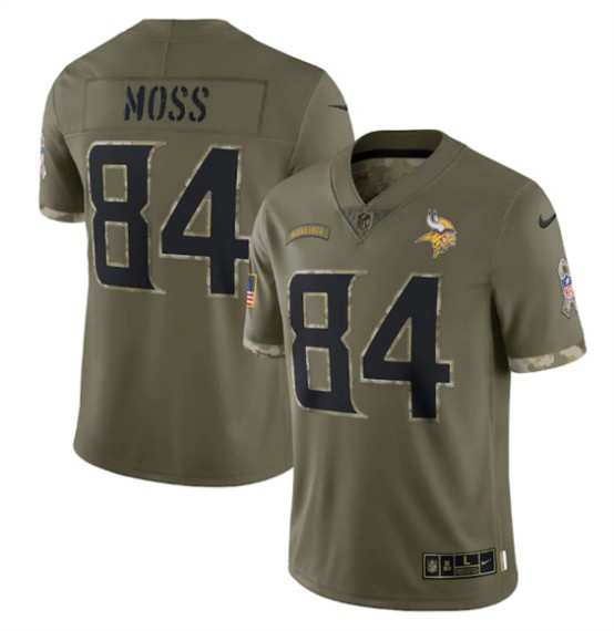 Minnesota Vikings #84 Randy Moss 2022 Olive Salute To Service Limited Stitched Jersey