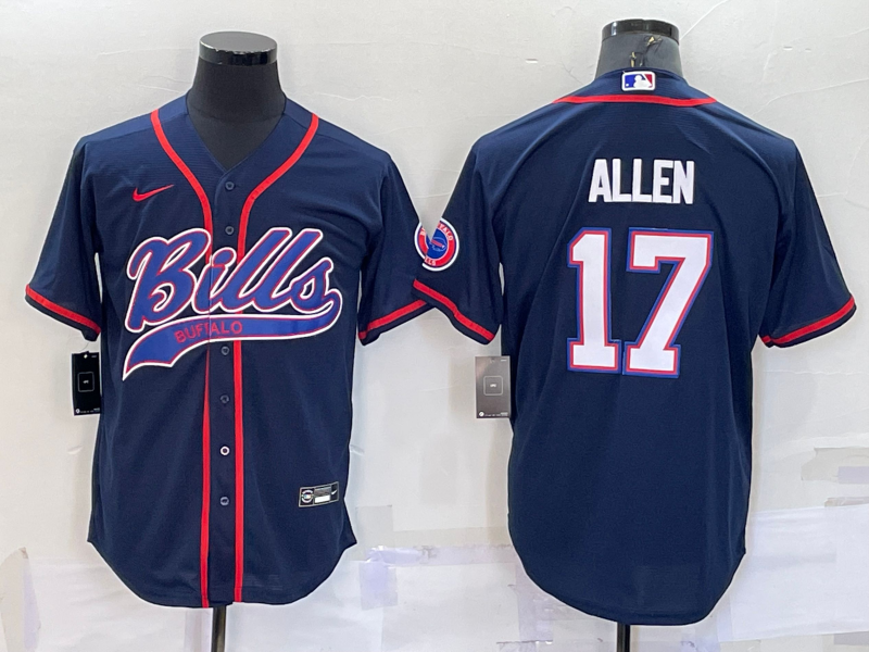 Buffalo Bills #17 Josh Allen Navy With Patch Cool Base Stitched Baseball Jersey