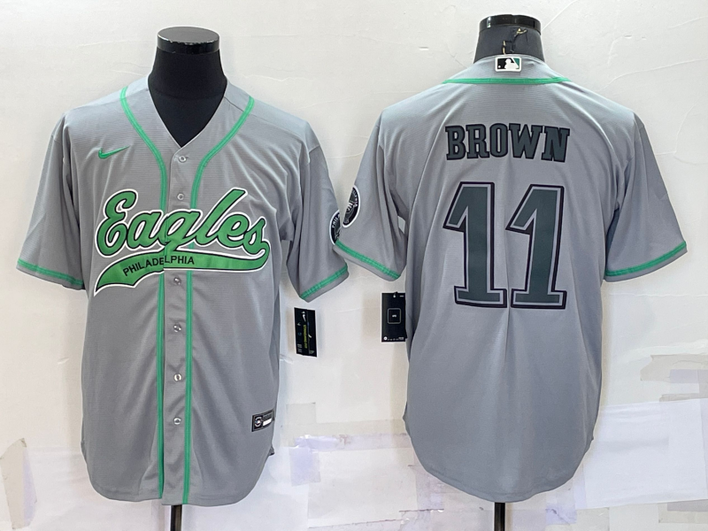 Philadelphia Eagles #11 AJ Brown Grey With Patch Cool Base Stitched Baseball Jersey