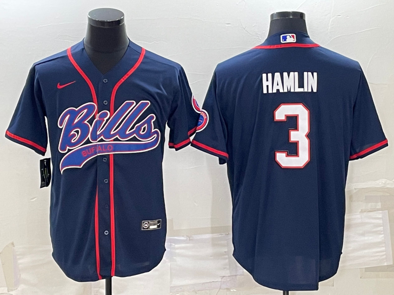 Buffalo Bills #3 Damar Hamlin Navy Blue With Patch Cool Base Stitched Baseball Jersey