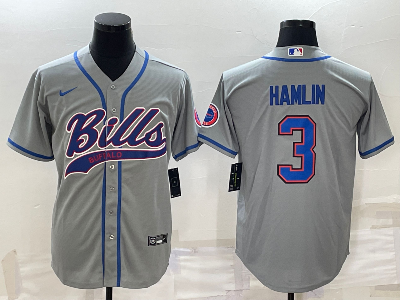 Buffalo Bills #3 Damar Hamlin Grey With Patch Cool Base Stitched Baseball Jersey
