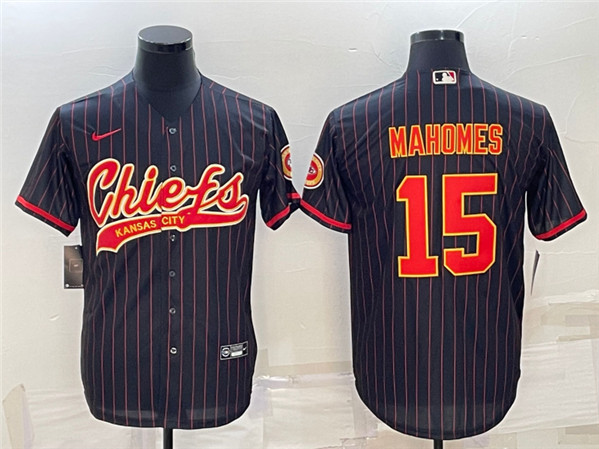 Kansas City Chiefs #15 Patrick Mahomes Black With Patch Cool Base Stitched Baseball Jersey