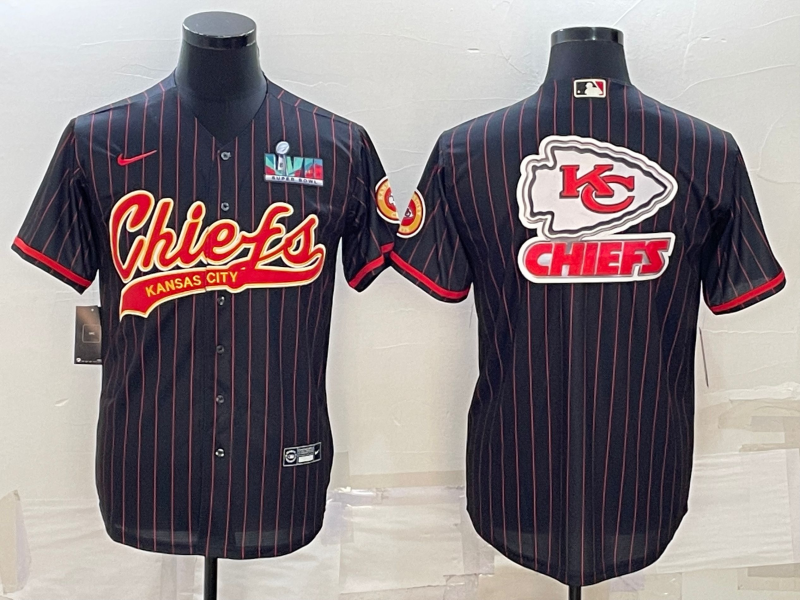 Kansas City Chiefs Black Team Big Logo With Super Bowl LVII Patch Cool Base Stitched Baseball Jersey