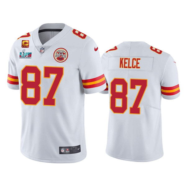 Kansas City Chiefs #87 Travis Kelce White Super Bowl LVII Patch And 4-star C Patch Vapor Untouchable