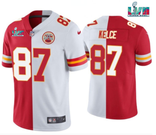 Kansas City Chiefs #87 Travis Kelce Red & White Split Super Bowl LVII Patch Limited Stitched Jersey