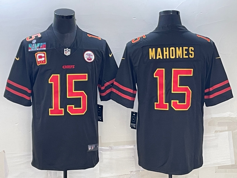 Kansas City Chiefs #15 Patrick Mahomes Black Red Gold Super Bowl LVII Patch And 4-star C Patch Vapor