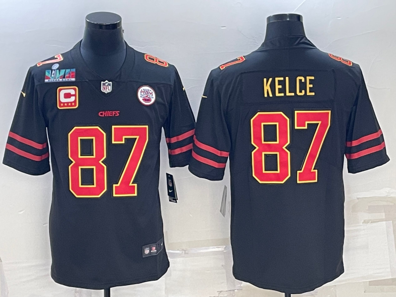 Kansas City Chiefs #87 Travis Kelce Black Red Gold Super Bowl LVII Patch And 4-star C Patch Vapor Un