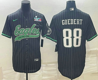 Philadelphia Eagles #88 Dallas Goedert Black Pinstripe With Super Bowl LVII Patch Cool Base Stitched