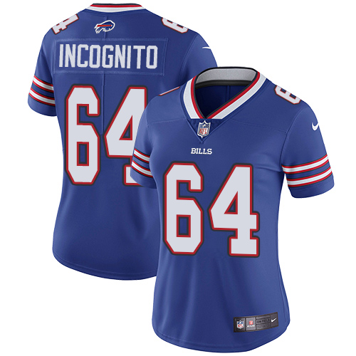 Nike Bills #64 Richie Incognito Royal Blue Team Color Women's Stitched NFL Vapor Untouchable Limited