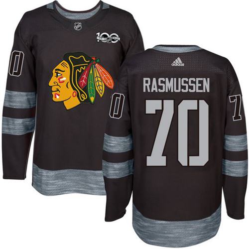 Adidas Blackhawks #70 Dennis Rasmussen Black 1917-2017 100th Anniversary Stitched NHL Jersey