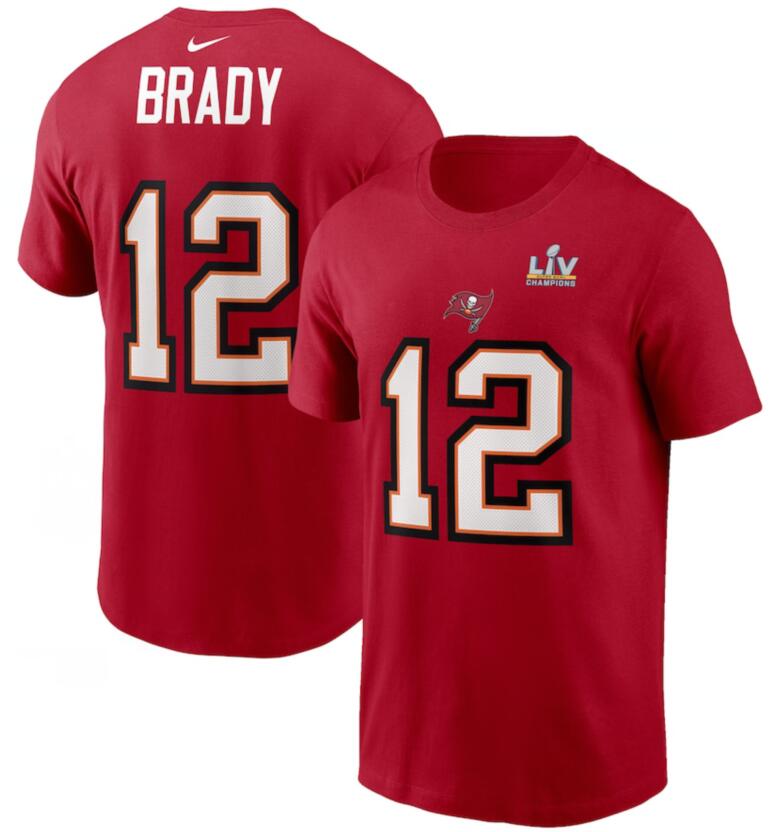 Tampa Bay Buccaneers Tom Brady Red Super Bowl LV Champions Name & Number T-Shirt