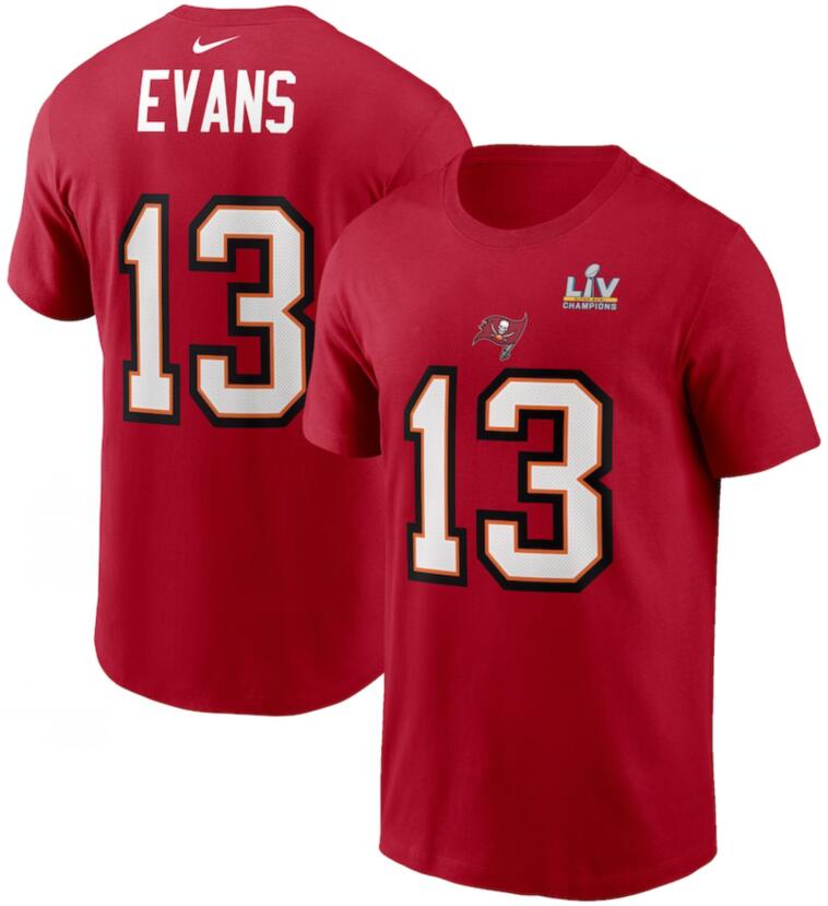 Tampa Bay Buccaneers Mike Evans Red Super Bowl LV Champions Name & Number T-Shirt